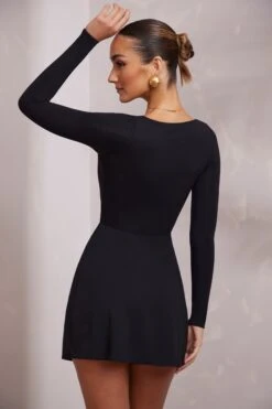 Long Sleeve Plunge Neck Wrap Over Mini Dress In Black 12 Long Sleeve Plunge Neck Wrap Over Mini Dress In Black -Pretty Dresses Sales 7318 4 Rayne Black Overlay Plunge Mini