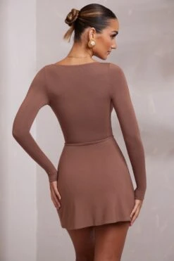 Long Sleeve Plunge Neck Wrap Over Mini Dress In Brown -Pretty Dresses Sales 7318 6 Rayne Brown Overlay Plunge Mini 04561008 69ab 411f b2f5 01156b8251a8