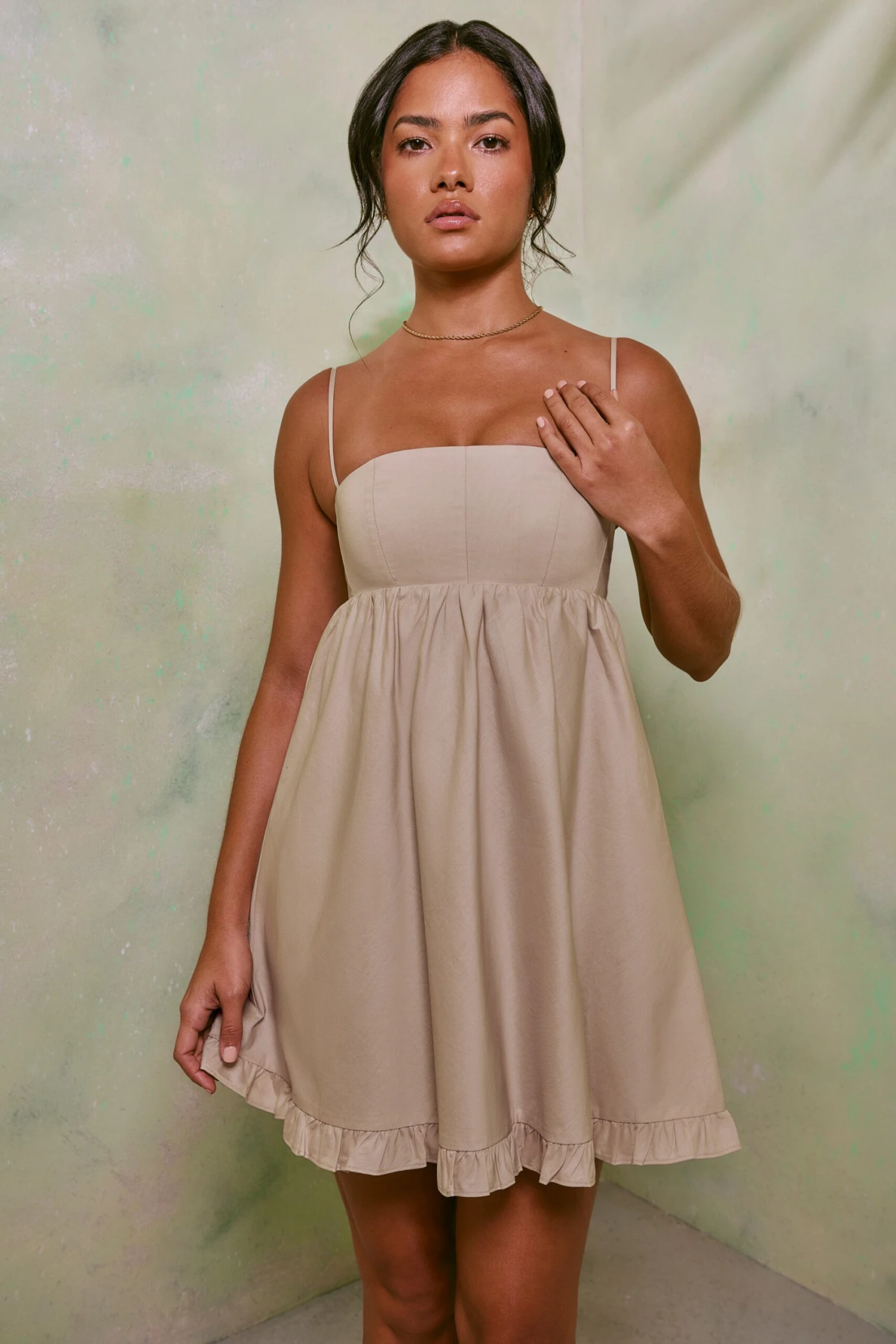 Empire Waist Cotton A-Line Mini Dress In Sand 4 Empire Waist Cotton A-Line Mini Dress In Sand - Image 4