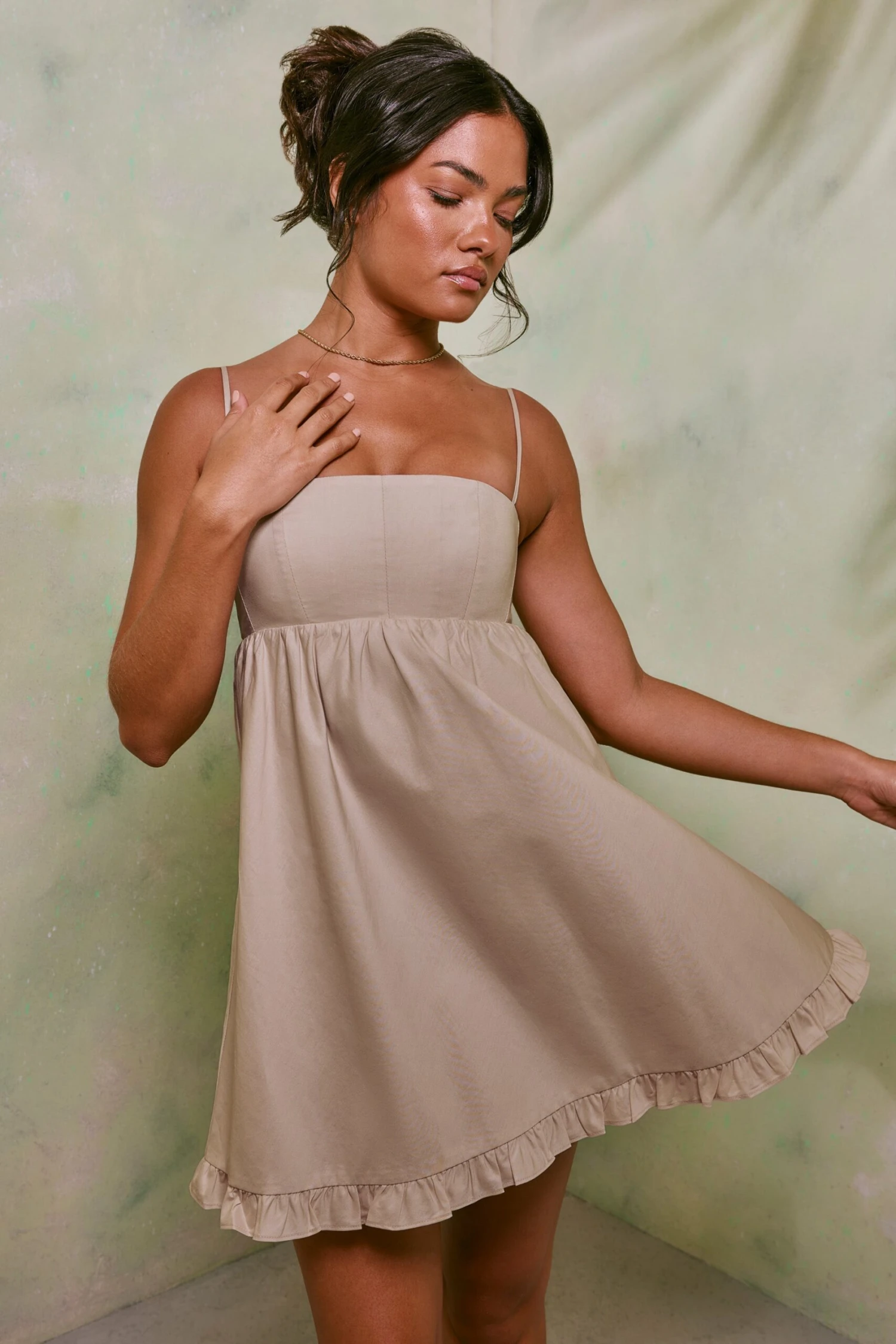 Empire Waist Cotton A-Line Mini Dress In Sand 6 Empire Waist Cotton A-Line Mini Dress In Sand - Image 6