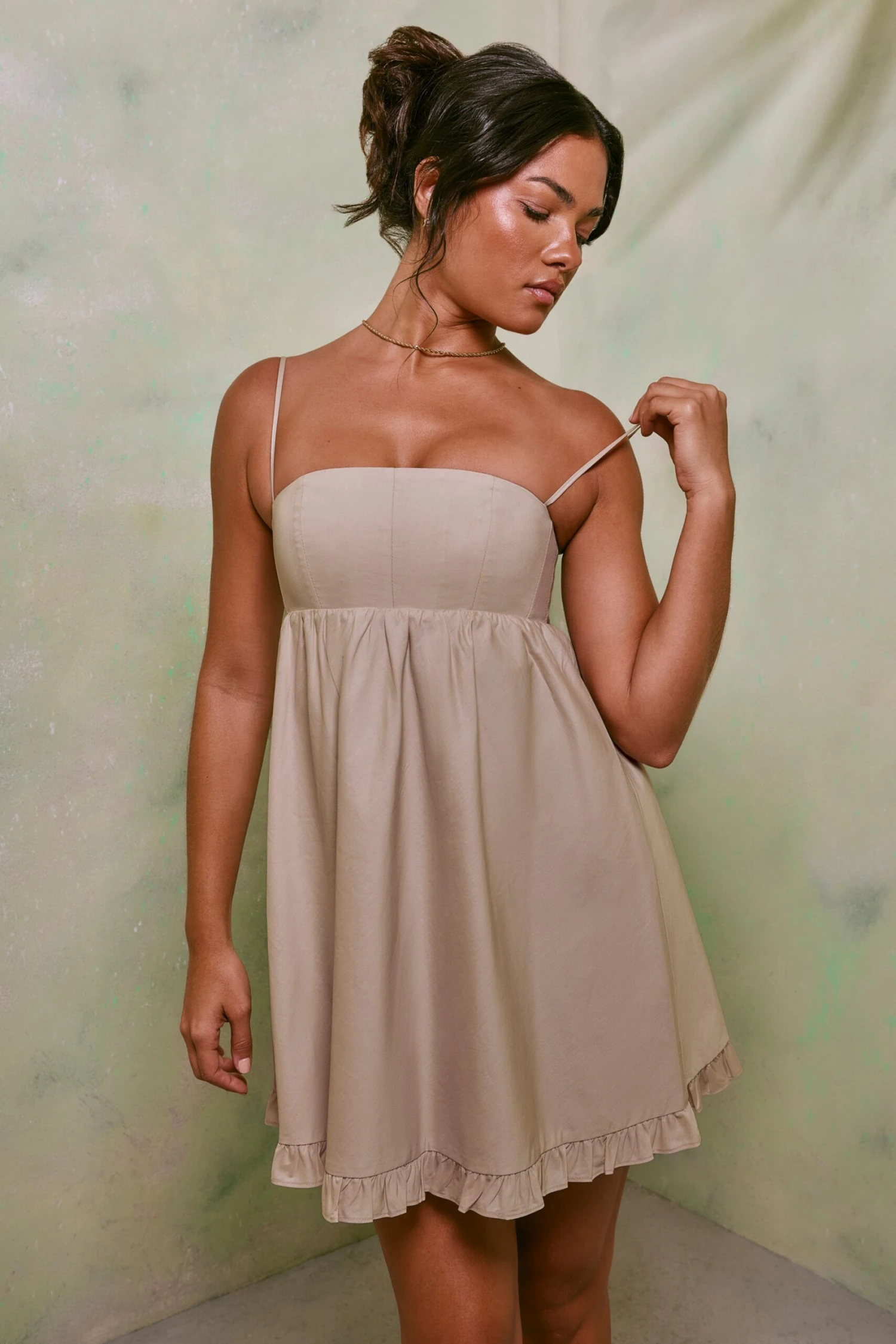 Empire Waist Cotton A-Line Mini Dress In Sand 7 Empire Waist Cotton A-Line Mini Dress In Sand - Image 7